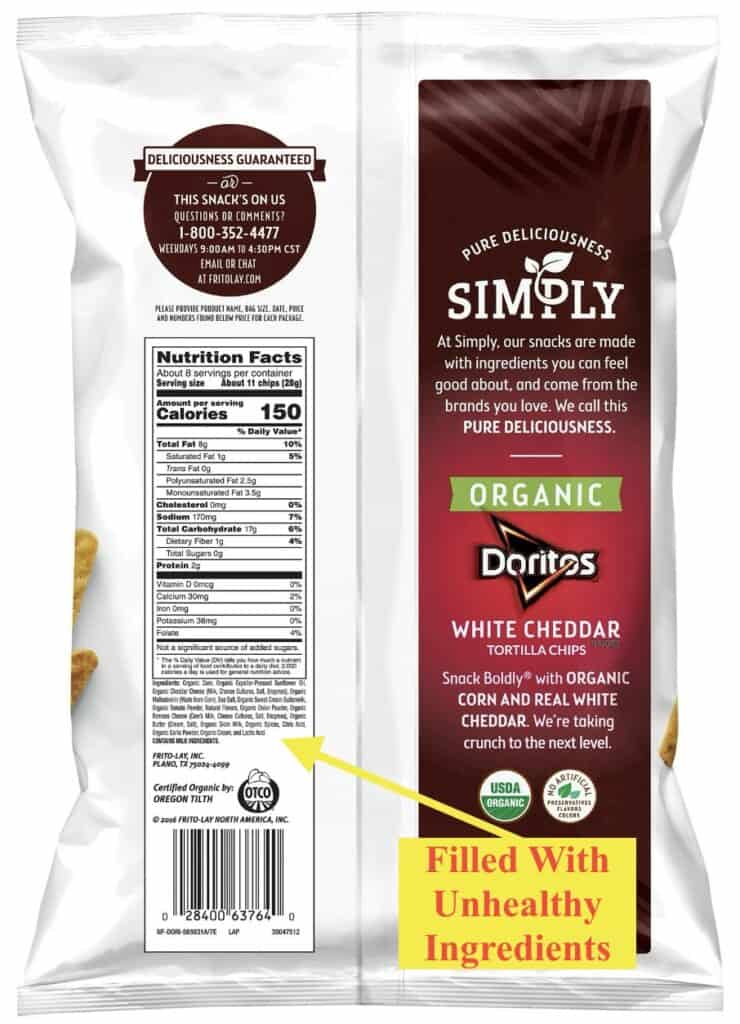 an example of unhealthy organic foods- doritos organic white cheddar tortilla chips